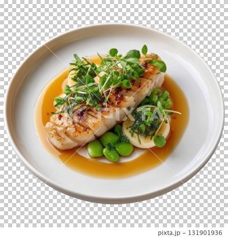 Delicate Steamed Brill Fillet with Ponzu Beurre Blanc and Fresh Baby Edamame on Elegant Plate 131901936