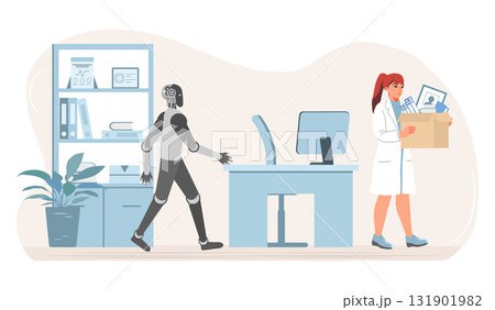 Robot replacing office worker, woman leaving work. Concept of automation and job displacement Robot replacing office worker, woman leaving work. Concept of automation and job displacement 131901982