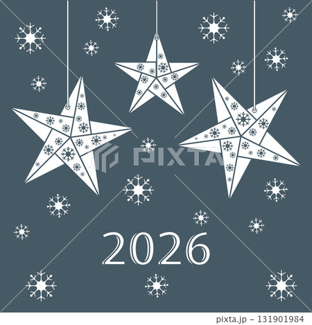 Hanging stars with snowflake patterns and 2026 on a dark background for New Year design Hanging stars with snowflake patterns and 2026 on a dark background for New Year design 131901984
