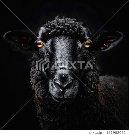 Black sheep portrait with curly dark fleece and glowing eyes 131902051