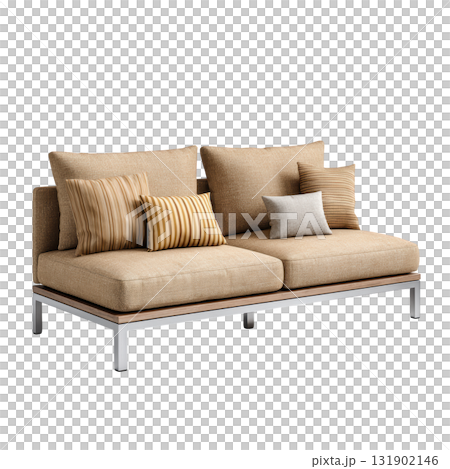 Elegant Outdoor Sofa with Textured Cushions, Perfect for Relaxing on a Terrace or Patio while Enjoying Nature Elegant Outdoor Sofa with Textured Cushions, Perfect for Relaxing on a Terrace or Patio while Enjoying Nature 131902146