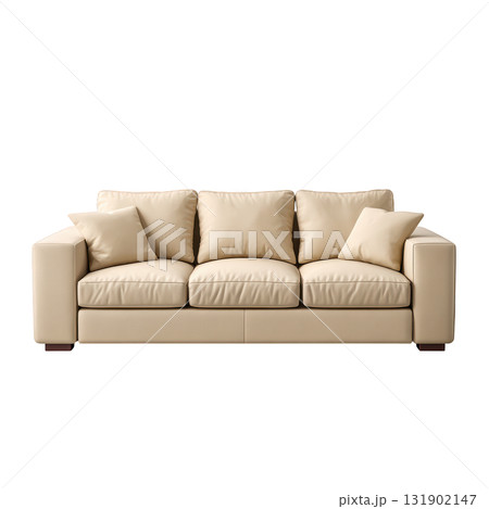 Cozy beige sofa on terrace with cushions, perfect for relaxation and outdoor gatherings in modern home settings 131902147