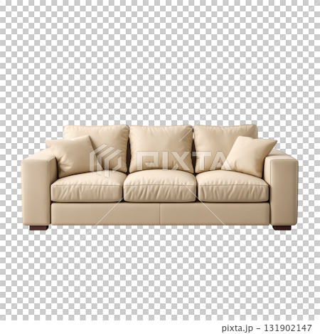 Cozy beige sofa on terrace with cushions, perfect for relaxation and outdoor gatherings in modern home settings 131902147