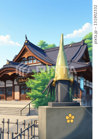 金沢 尾山神社を背景にした前田利家の金鯰尾兜のモニュメント（アニメ風イラスト） 131902332