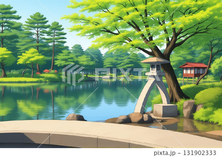 新緑の兼六園 霞ヶ池とことじ灯籠(アニメ風イラスト) 新緑の兼六園 霞ヶ池とことじ灯籠(アニメ風イラスト) 131902333