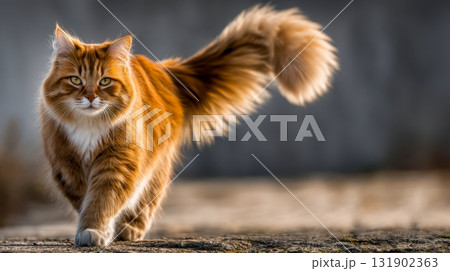 Majestic red tabby cat with fluffy tail walking on the street, beautiful cat portrait in the sunlight Majestic red tabby cat with fluffy tail walking on the street, beautiful cat portrait in the sunlight 131902363