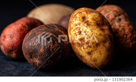 Assorted raw potatoes with traces of soil on a dark background, fresh organic root vegetables close-up Assorted raw potatoes with traces of soil on a dark background, fresh organic root vegetables close-up 131902364