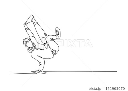 Continuous one line drawing young guy balanced on one hand in inverted freeze with leg bent and raised high, challenging power move in breakdancing. Single line draw design vector graphic illustration 131903070