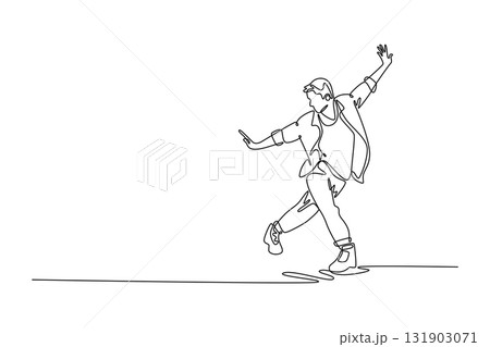 Continuous one line drawing Hip Hop dancer mid-groove, leaning back with arms wide and one foot lifted, illustrating a dynamic and expressive pose. Single line draw design vector graphic illustration 131903071