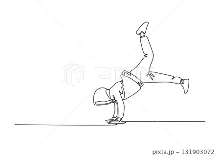 Continuous one line drawing young guy executing challenging freeze, balancing on one hand with their body inverted, leg extended wide of breakdance. Single line draw design vector graphic illustration 131903072