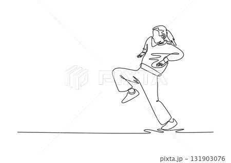 Single continuous line drawing young girl mid-step, balancing on one foot with other leg raised, dynamic, grounded movement typical of Hip Hop dance. One line draw graphic design vector illustration 131903076