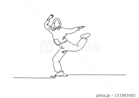 Single continuous line drawing female dancer mid-step, balancing on one foot with the other leg kicked back and arms raised, high-energy Hip Hop pose. One line draw graphic design vector illustration Single continuous line drawing female dancer mid-step, balancing on one foot with the other leg kicked back and arms raised, high-energy Hip Hop pose. One line draw graphic design vector illustration 131903085