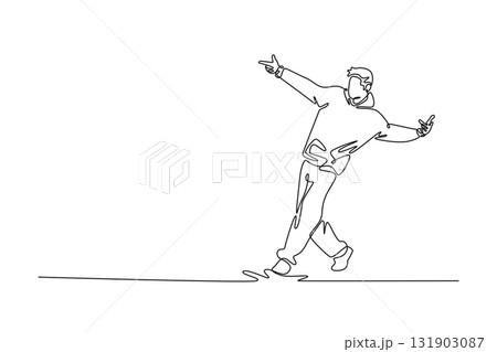 Single one line drawing young male mid-step in a dynamic, sideways pose, pointing with both hands, moment of confident, energetic street dance. Continuous line draw design graphic vector illustration Single one line drawing young male mid-step in a dynamic, sideways pose, pointing with both hands, moment of confident, energetic street dance. Continuous line draw design graphic vector illustration 131903087