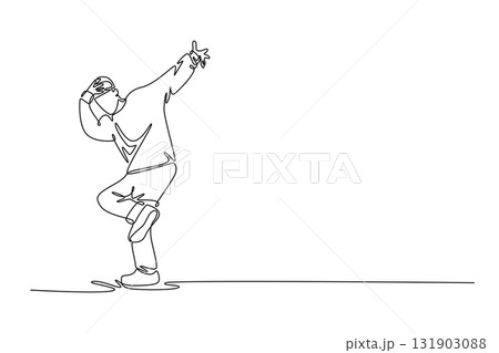 Single one line drawing dancer mid-movement, balancing on one leg with arms extended, dynamic, focused pose typical of hip hop or street dance. Continuous line draw design graphic vector illustration 131903088