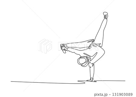 Single one line drawing person executing demanding one-handed handstand or freeze move, with one leg extended vertically. Strength and balance. Continuous line draw design graphic vector illustration Single one line drawing person executing demanding one-handed handstand or freeze move, with one leg extended vertically. Strength and balance. Continuous line draw design graphic vector illustration 131903089