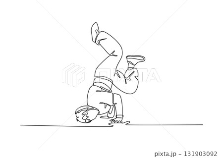 Continuous one line drawing male breakdancer mid-power move, balanced on their head and hands with the legs tucked, illustrating challenging freeze. Single line draw design vector graphic illustration 131903092