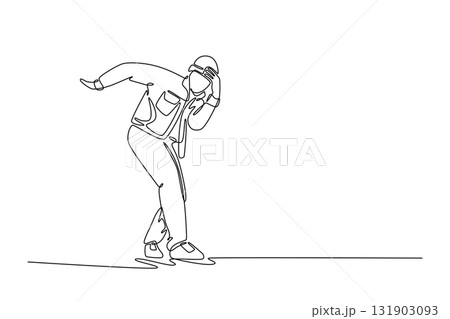 Continuous one line drawing young male mid-groove, leaning low with one hand cupped to their face, emotional pose typical Hip Hop or Popping dance. Single line draw design vector graphic illustration Continuous one line drawing young male mid-groove, leaning low with one hand cupped to their face, emotional pose typical Hip Hop or Popping dance. Single line draw design vector graphic illustration 131903093
