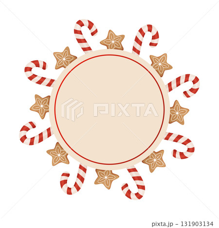 Round beige Christmas frame decorated with striped candy canes and gingerbread cookies, festive holiday 131903134
