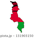 Malawi Map with National Flag Colors and Rising Sun Emblem 131903150