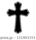 Ornate Black Cross with White Outline, Decorative Christian cross featuring scalloped ends 131903153