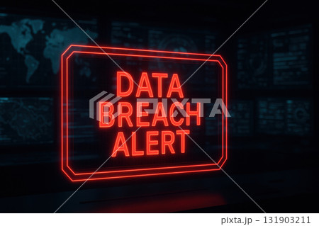 Data breach alert glowing in red neon holographic panel over dark cyber security command center with digital maps and screens showing threat detection system Data breach alert glowing in red neon holographic panel over dark cyber security command center with digital maps and screens showing threat detection system 131903211