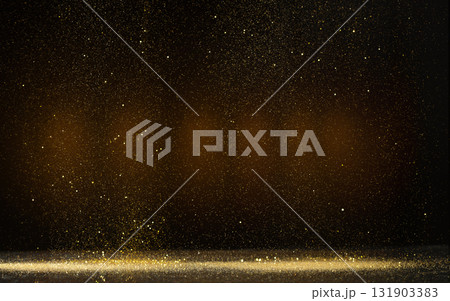 Golden Dust Sparkles Background with Glowing Light Particles Floating in Dark Air. Elegant Luxury Abstract Texture for Celebration, Christmas, and Glamorous Design Concepts, Photo Golden Dust Sparkles Background with Glowing Light Particles Floating in Dark Air. Elegant Luxury Abstract Texture for Celebration, Christmas, and Glamorous Design Concepts, Photo 131903383