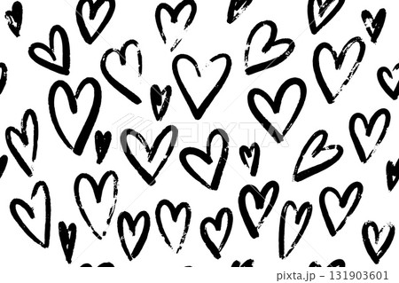 Abstract seamless heart pattern in grunge style, hand drawn black ink vector illustration in black and white. Perfect for textiles, packaging, and decorative design projects. 131903601