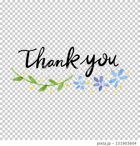 謝謝手寫文字藍色花朵和綠線水彩向量插圖 131903604