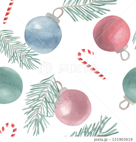 Watercolor hand drawn seamless pattern of Christmas toys balls, spruce branch and candy canes. For invitations, cards, posters, seasonal decor, winter holidays poster, New year wrapping paper, fabric 131903619