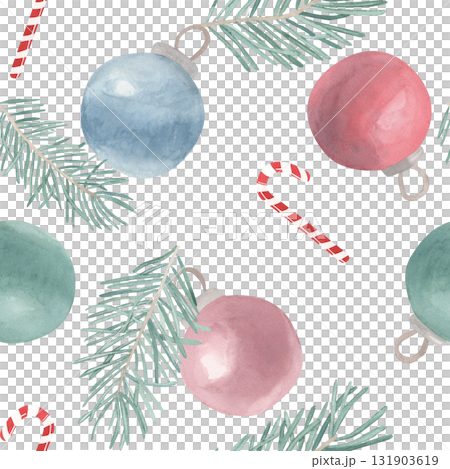 Watercolor hand drawn seamless pattern of Christmas toys balls, spruce branch and candy canes. For invitations, cards, posters, seasonal decor, winter holidays poster, New year wrapping paper, fabric 131903619
