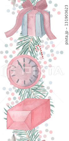 Watercolor seamless pattern New Year's Christmas vertical border with gifts, clocks, fir branches and confetti. For invitations, cards, posters, seasonal decor, winter holidays poster 131903623