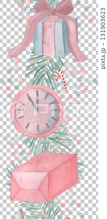 Watercolor seamless pattern New Year's Christmas vertical border with gifts, clocks, fir branches and confetti. For invitations, cards, posters, seasonal decor, winter holidays poster 131903623