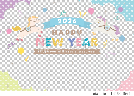 2026年馬年 - 可愛的白馬新年賀卡模板 2026年馬年 - 可愛的白馬新年賀卡模板 131903666