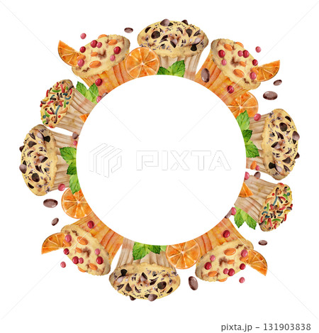 Cupcakes with mint leaf, orange slices, sugar sprinkles, cocoa beans and chocolate chips frosting on muffins. Hand painted isolated wreath illustration. Ornate frames, tag templates, food packaging 131903838