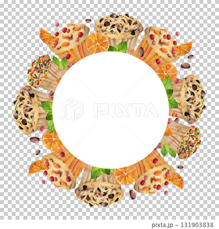 Cupcakes with mint leaf, orange slices, sugar sprinkles, cocoa beans and chocolate chips frosting on muffins. Hand painted isolated wreath illustration. Ornate frames, tag templates, food packaging 131903838
