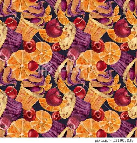 Citrus cupcakes with orange slices, whipped cream swirl topping, muffin with cherry berries hand painted in watercolor, isolated on dark. Seamless kitchen patterns, scrapbooking background, menu kits. Citrus cupcakes with orange slices, whipped cream swirl topping, muffin with cherry berries hand painted in watercolor, isolated on dark. Seamless kitchen patterns, scrapbooking background, menu kits. 131903839