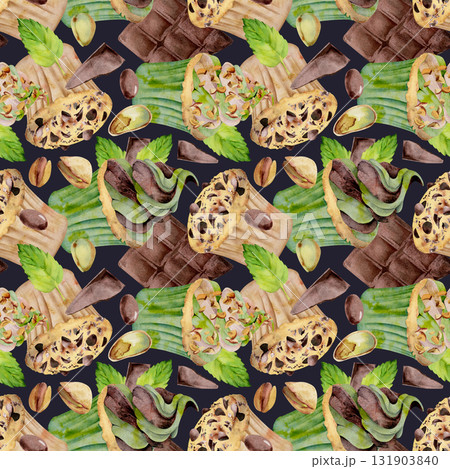 Chocolate chip topping on baked cupcake with mousse swirl, muffin and mint leaves hand painted in watercolor. Isolated on dark for continuous prints, food borders, cafe packaging, seamless clipart. Chocolate chip topping on baked cupcake with mousse swirl, muffin and mint leaves hand painted in watercolor. Isolated on dark for continuous prints, food borders, cafe packaging, seamless clipart. 131903840
