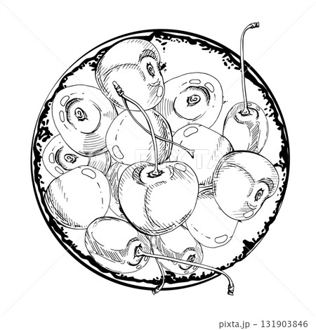 Sweet sour line cherry berries on ceramic plate, hand drawn vector ink, scattered ripe cerise drupes. Isolated composition illustration. For restaurant, cafe dessert menu, wedding, farmers market Sweet sour line cherry berries on ceramic plate, hand drawn vector ink, scattered ripe cerise drupes. Isolated composition illustration. For restaurant, cafe dessert menu, wedding, farmers market 131903846