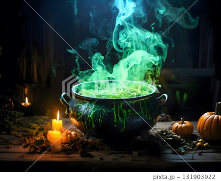 Bubbling Green Potion in a Witch Cauldron Bubbling Green Potion in a Witch Cauldron 131903922