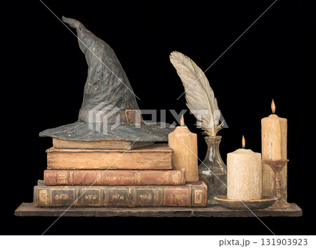 Mysterious Still Life with Witch Hat, Old Books, and Candles 131903923