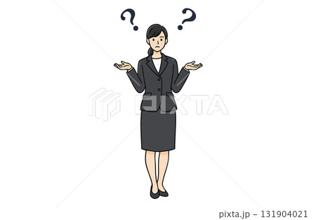肩をすくめて「わからない」ポーズをするビジネスウーマン(全身・シンプルカラー) 肩をすくめて「わからない」ポーズをするビジネスウーマン(全身・シンプルカラー) 131904021