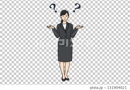 一位女商人聳聳肩，做出「我不知道」的姿勢（全身，簡單的顏色） 131904021