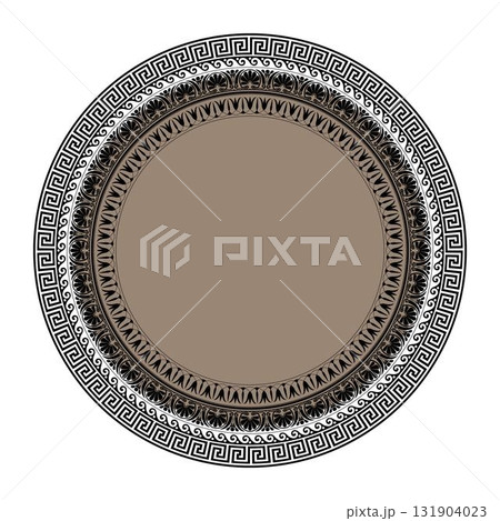 Round gold black frame with greek patterns on white background. Circle porcelain plate with arabesque, floral meander. Greek key. Pattern of Greece, ancient Rome. For textile, embroidery, porcelain Round gold black frame with greek patterns on white background. Circle porcelain plate with arabesque, floral meander. Greek key. Pattern of Greece, ancient Rome. For textile, embroidery, porcelain 131904023