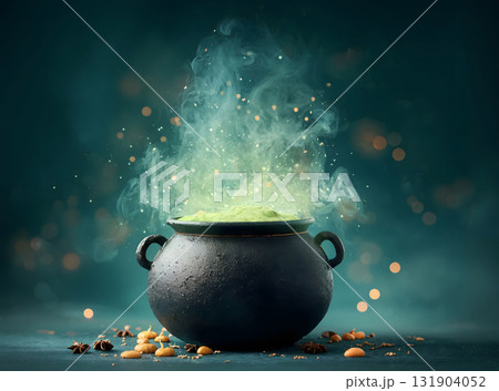 Bubbling Green Potion in a Witch Cauldron 131904052