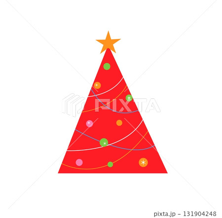 Christmas tree with star. Red fir for modern xmas holiday, adorned with bauble, ornament, colorful Christmas tree with star. Red fir for modern xmas holiday, adorned with bauble, ornament, colorful 131904248