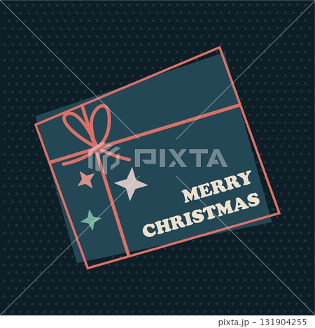 Merry Christmas post card design with festive New Year gift box, surprise on square black dark Merry Christmas post card design with festive New Year gift box, surprise on square black dark 131904255