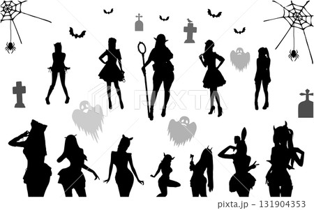 ハロウィンのコスプレ女性のシルエットイラスト 2 131904353