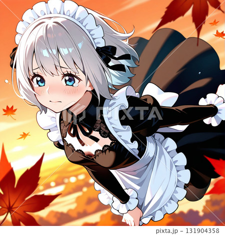 夕焼けの空に飛ぶ銀髪メイド少女 AI生成イラスト 131904358