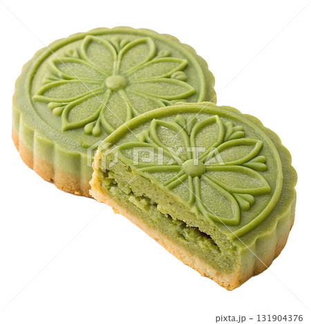Delicious matcha mooncakes with intricate floral design, traditional asian festive dessert isolated on transparent background Delicious matcha mooncakes with intricate floral design, traditional asian festive dessert isolated on transparent background 131904376