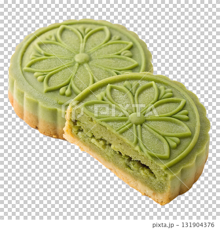 Delicious matcha mooncakes with intricate floral design, traditional asian festive dessert isolated on transparent background 131904376